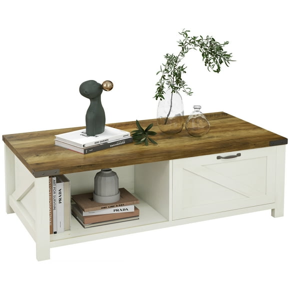 HOMCOM Farmhouse Coffee Table with Drawer and Storage Shelf for Living Room