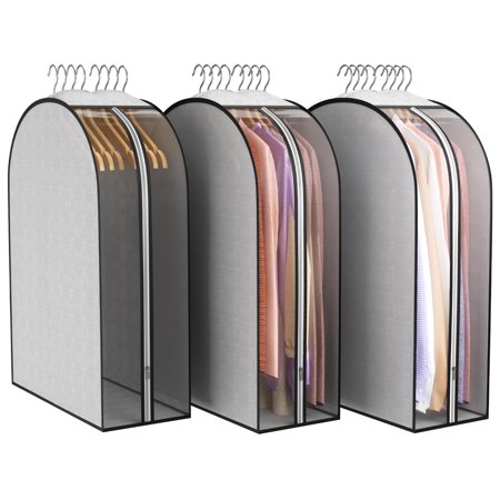 Liuoud 10" Gusseted Garment Bags for Hanging Clothes 32" Suit Bags for Open Closet Storage, Side Clear Clothing Cover for Coat, Dress, Jacket, Shirt, Fur Wardrobe Protector, 3 Packs, Grey C33