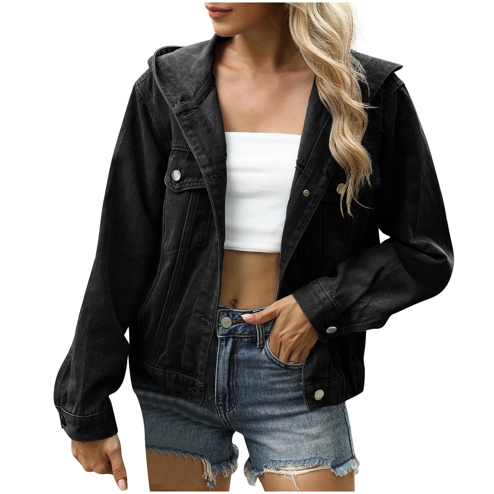 Bovxnpu Veste en Denim pour Femmes Cardigan en Denim avec Capuche