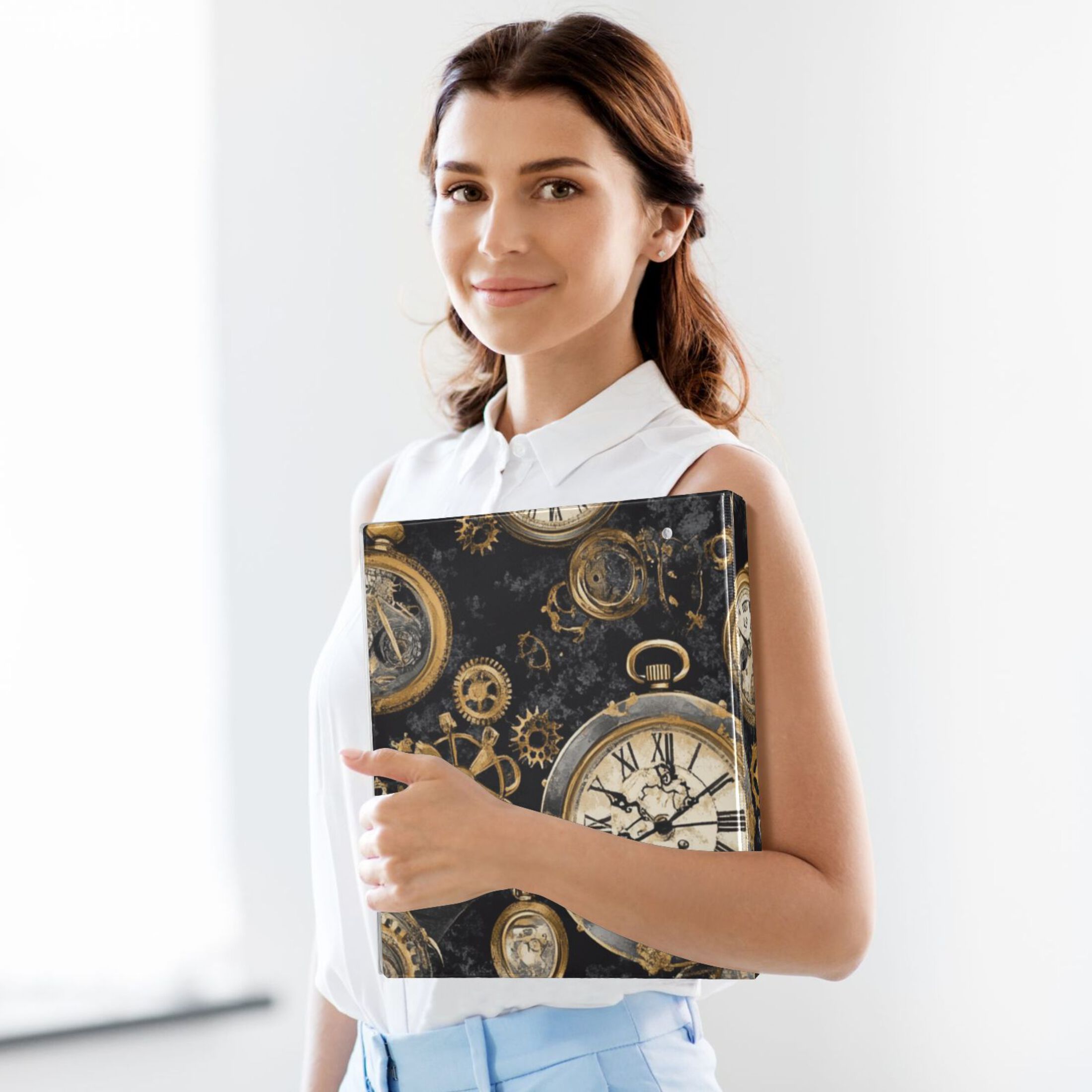 Gold Pocket Watches 3 Ring Binders 1.5 inch Hardcover File Folders with Interior Pockets A4 Size Organizer for School Office Hospital