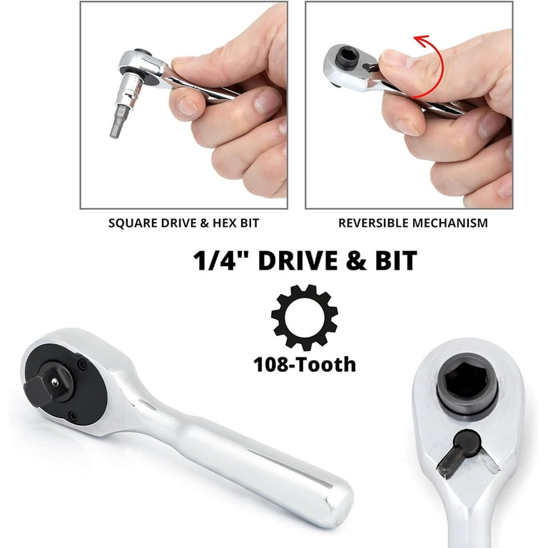 Neiko 03002A Stubby Ratchet, 1/4 Inch Ratchet Wrench and Bit