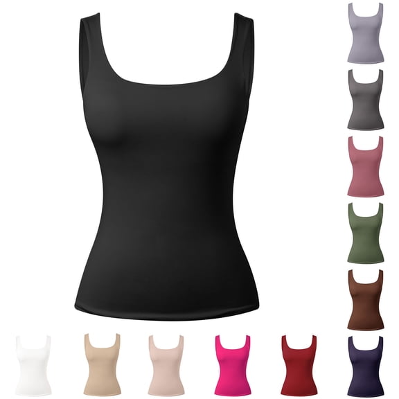 Huanglei Womens's Tank Top Padded with Built-in Bra Wide Strap Square Neck Cropped Casual Basic Camisole (Red, Large)