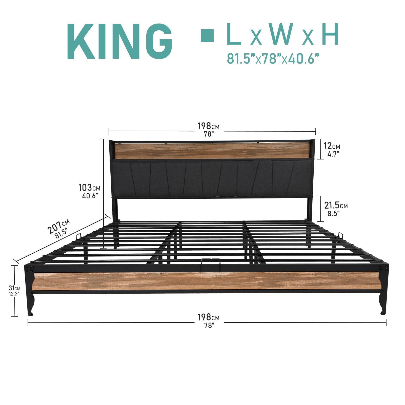 LED King Size Bed Frame with Outlets & USB & Type-C Port and Storage Headboard, Metal Platform Bed with Charging Station for Bedroom(Brown #No Drawer-King) - image 5 of 12