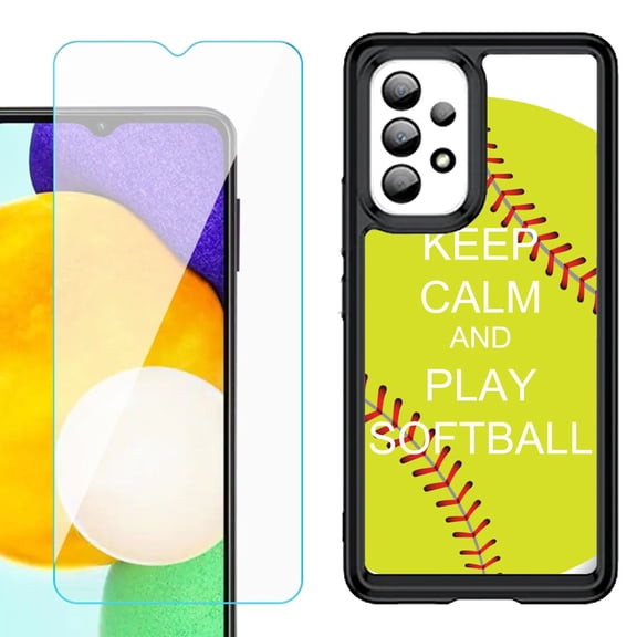 Shockproof Bumper (Black Frame) phone Case for Samsung Galaxy A23 5G, with Tempered Glass Screen Protector, by OneToughShield ® - Keep Calm Softball