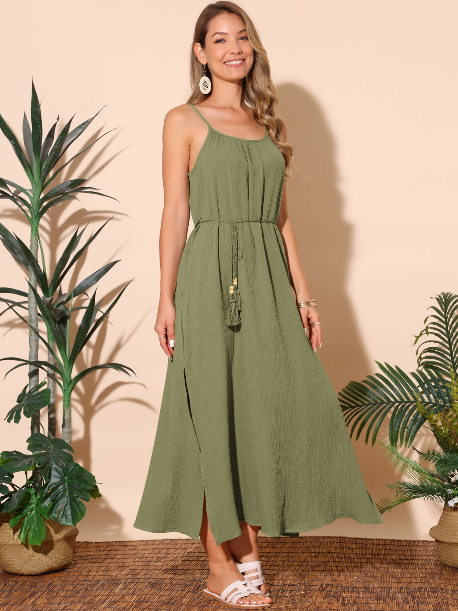 DARING DIVA Cotton Sleeveless Loose Tie Waist Spaghetti Strap Dress 2XL Green