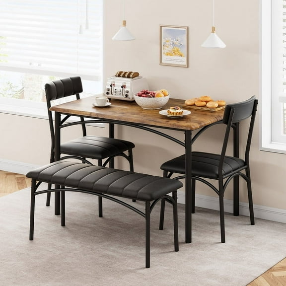 Dining Table Set for 4, Kitchen Table with Upholstered Chairs and Bench, 4-Person Dining Room Table Set, Rectangular Kitchen Table Set for Small Space, Apartment, Home, Studio, Rustic Brown