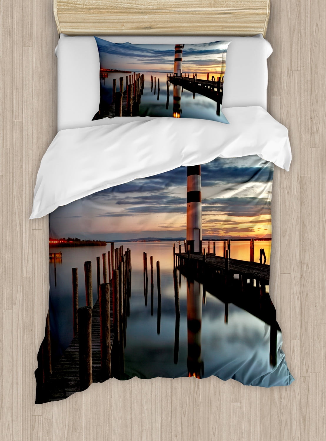 Lighthouse Duvet Cover Set, Calm Dusk at Bay Lighthouse and Wooden Boardwalk Reflections on