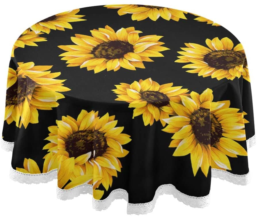 ALAZA Yellow Sunflowers on Blue Round Tablecloth 60 inch Table Cover Mat Crease-Resistant Washable Lace Table Cloth for Holiday Home Party Picnic Dinner Table Decoration 