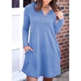 thumbnail image 2 of Vestido de mujer de manga larga con botones en la parte delantera, cuello en V, dobladillo suelto, vestido de otoño de color puro con dos bolsillos, 2 of 5