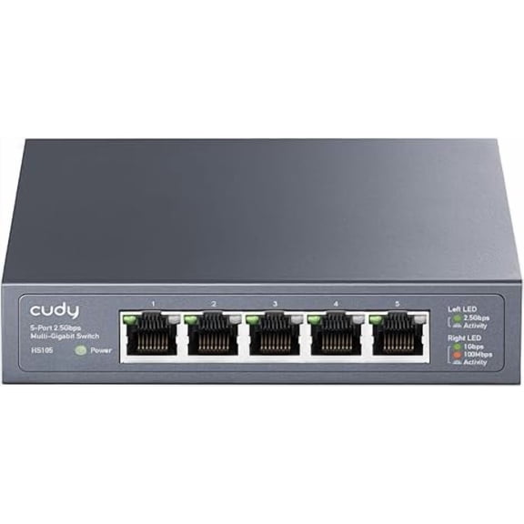 Cudy 5-Port Multi-Gigabit Ethernet Switch, Full 2.5Gbps Ports, Loop Detection, 802.3az Energy Saving, Desktop or Wall Mount, Fanless Design, HS105
