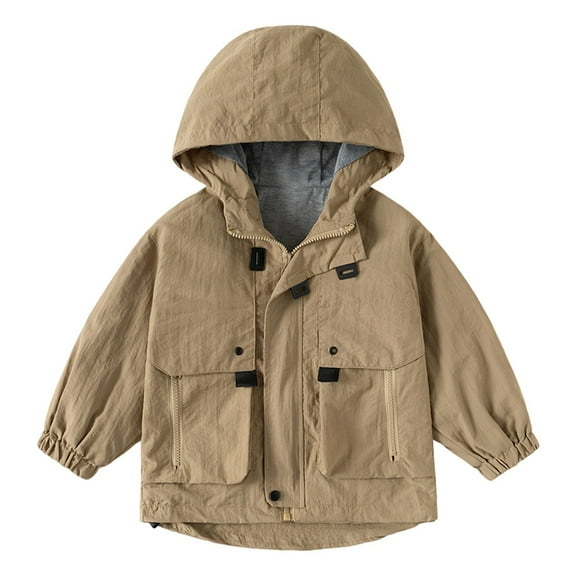 Hjtefg Boys Windbreaker Jacket - Kids Lightweight Hooded Coat, Casual Zipper Outerwear for School and Outdoor Play,Color: Khaki Size: 12-13 Years