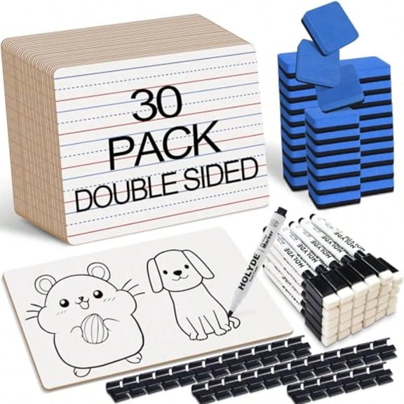 Set of 30 Dry Erase Boards Double Sided Small Whiteboards with Lines for Students Teacher Classroom Pack 9x12 Mini Individual White Boards Lined for Writing with 30 Markers 30 Erasers