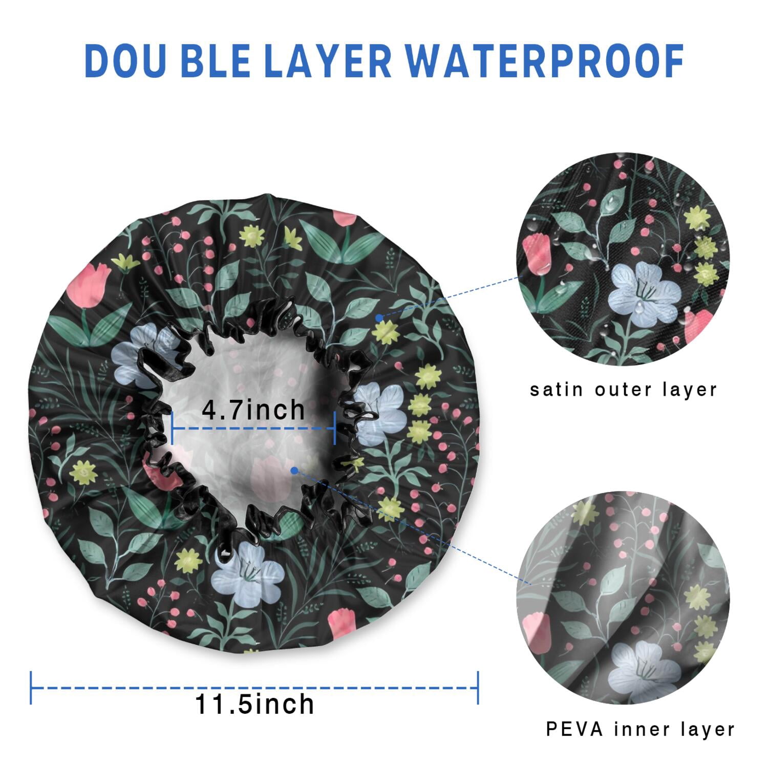 Shower Caps,Pioneer Flower Floral Print Pattern Waterproof Shower Cap for Women 4 Pieces,Double Reusable Hair Cover for Shower PEVA Elastic Stretch Hem