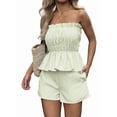 thumbnail image 3 of Women'S 2 Piece Striped Shirred Ruffle Strapless Bandeau Tops and Shorts Set Green L, 3 of 8