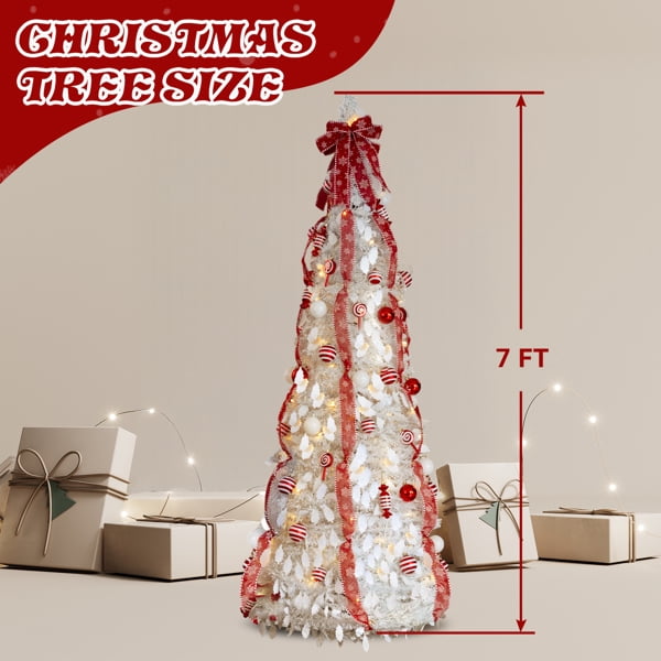 Alvantor 7 ft White Fully Decorated Pre-Lit Pop-Up Artificial Christmas Tree, 170 Warm White LEDs, 8 Modes, Red and White Ornaments