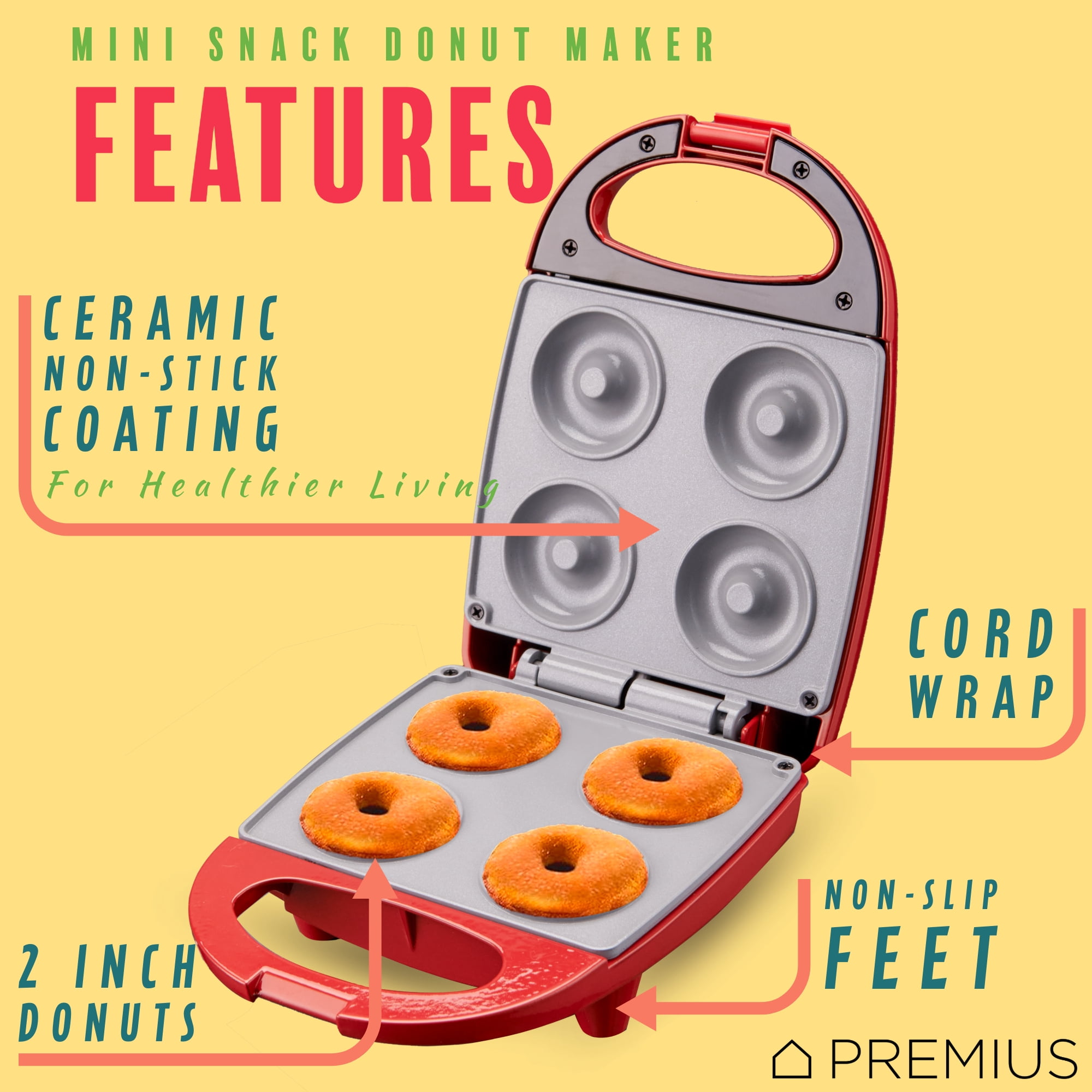 PREMIUS Ceramic Non-Stick Mini Snack Donut Maker, Red, 2 Inch Mold, 4 Count