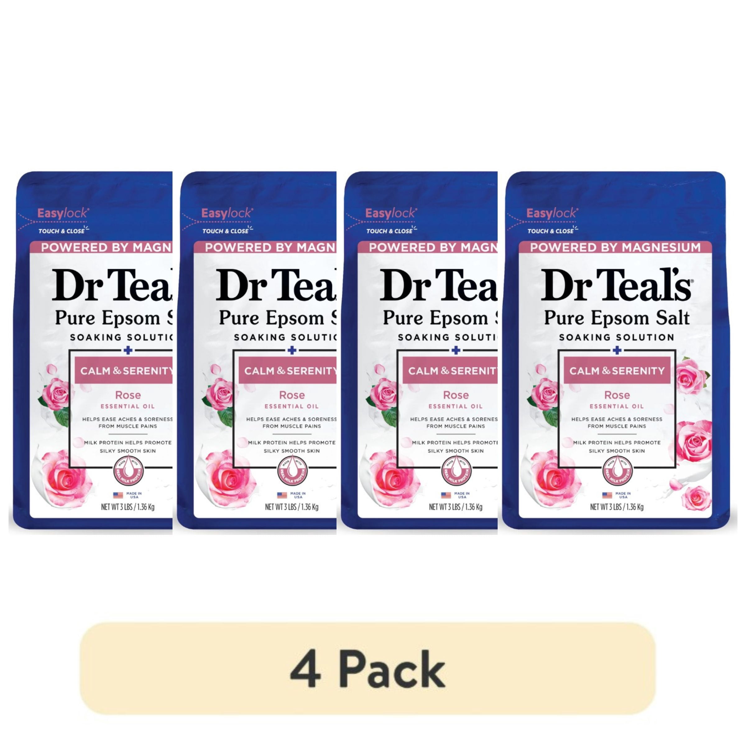 Dr Teal's Epsom Salt Magnesium Soak, Calm & Serenity with Rose Essential Oil & Milk Protein 3 lbs, 4 count