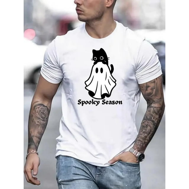 Graphic - Camiseta para hombre, color negro, pequeñaMen's Halloween & Cat Graphic - Casual Round Neck Short Sleeve Shirt, Breathable 100% Cotton, Machine Washable Tee For Adult, Men, Women, Teen, T