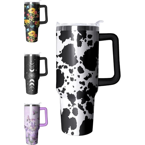 40oz tumbler with handle Large Insulated Tumblers with Straw and Lid Cow Printed Stainless Steel Travel Coffee Mug Cup for Hot and Cold Drinks
