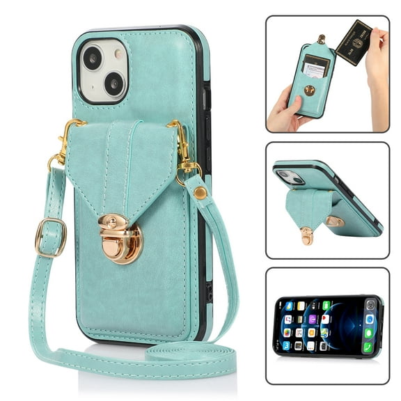 Crossbody Wallet Women Case for iPhone 13,[RFID Blocking] Credit Card Holder with Should Strap,Premium PU Leather Purse Metal Buckle Folio Flip Cover For iPhone 13, Green
