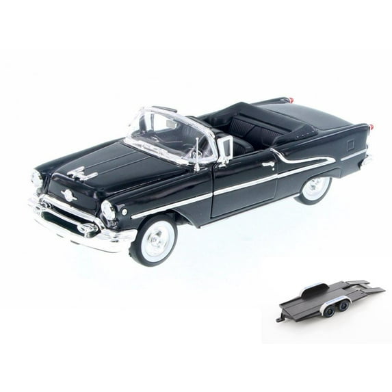 Diecast Car w/Trailer - 1955 Oldsmobile Super 88 Convertible, Black - Welly 22432WBK - 1/24 Scale Diecast Model Toy Car