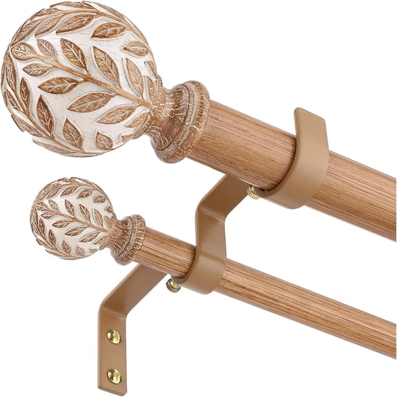 Double Curtain Rod 36-122 Inch, Wood Dual Curtain Rods for Windows | Heavy Duty Long 1" Adjustable Double Layer Rods, Boho Decorative Rustic Metal Drapery Pole, Imitation Wood Grain Leaf Finials