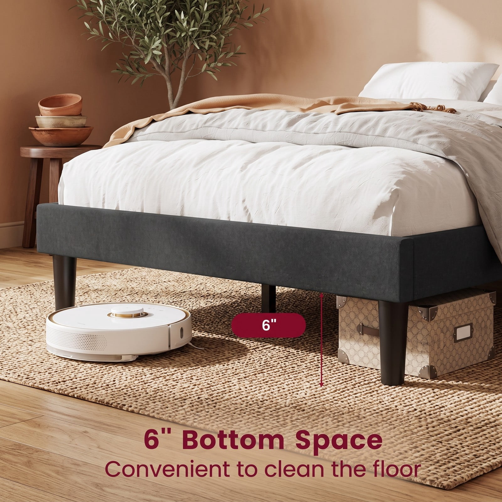 Furnibear Queen Size Bed Frame Upholstered Platform Bed Frame with High Headboard and 12 Plywood Slats for Modern Bedroom, Dark Gray