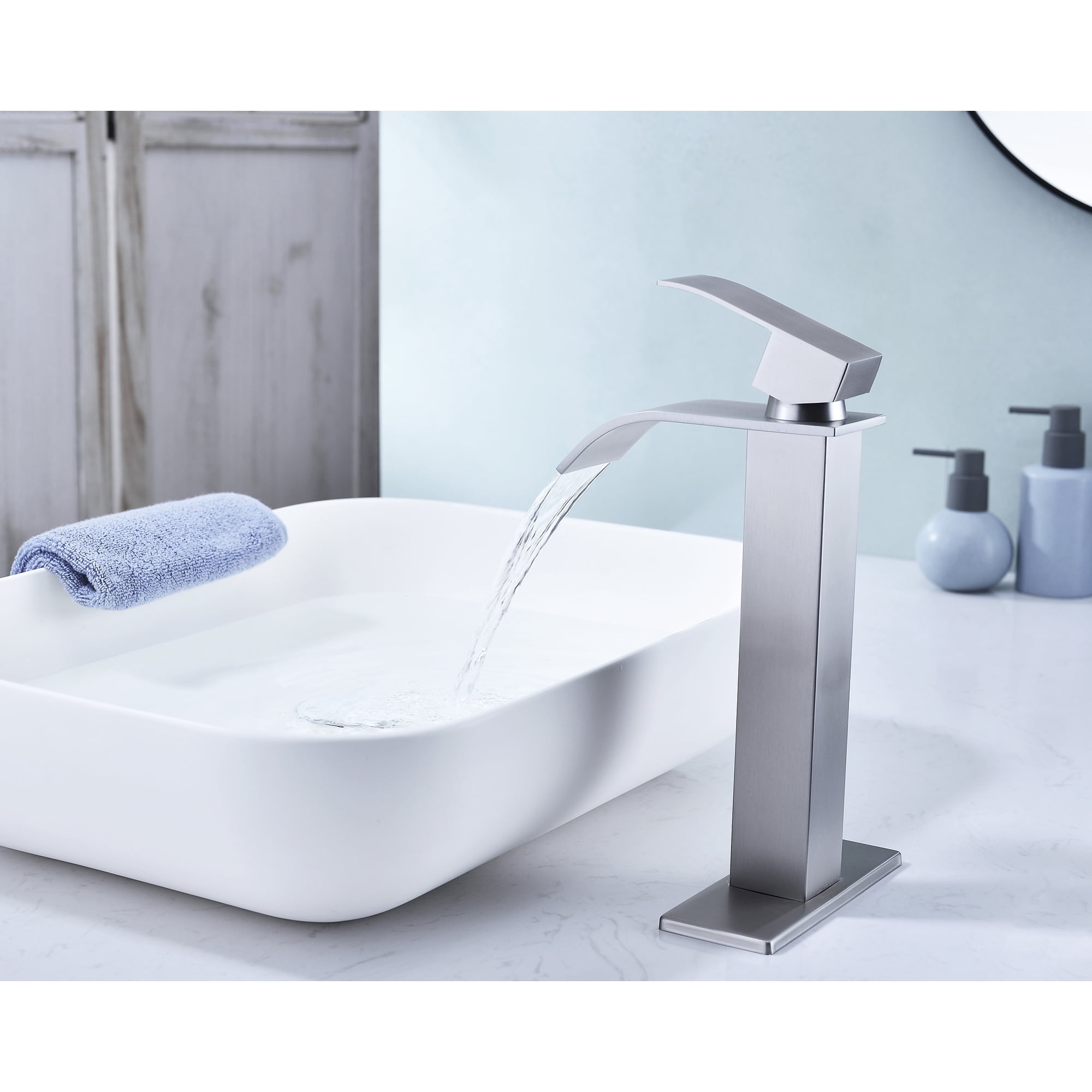 Single handle single hole waterfall spout bathroom vessel sink faucet with deck plate