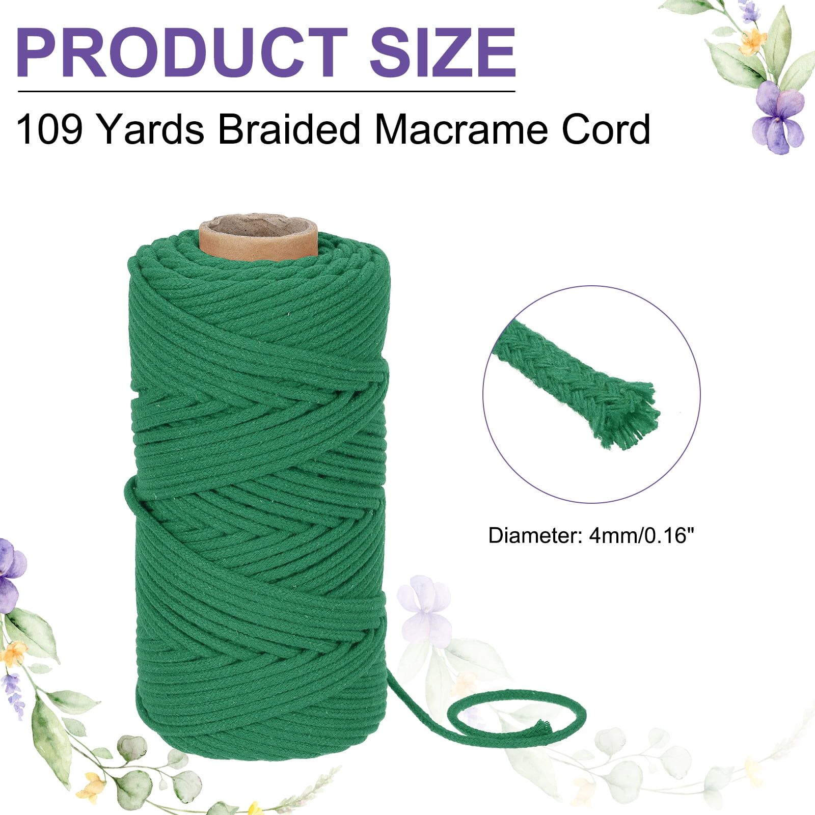 Braided Macrame Cord, 4mm x 109 Yards Natural Cotton Rope Macrame Yarn Bohemia Craft String with Scissors(Deep Green)