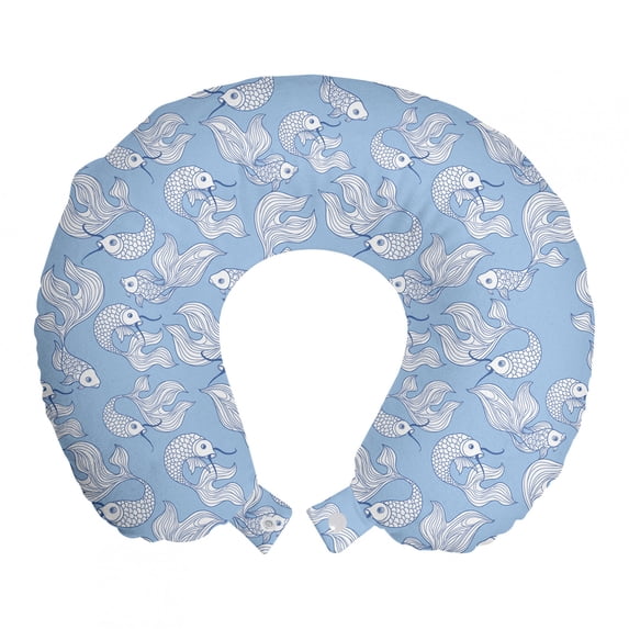 Nautical Travel Pillow Neck Rest, Marine Themed White Chinese Fish Silhouettes Underwater Life View, Memory Foam Traveling Accessory Airplane and Car, 12", Pale Ceil Blue and White, by Ambesonne