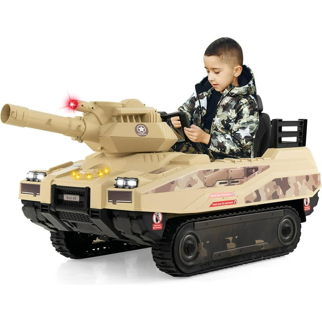 OLAKIDS 12V Ride on Car, Kids Electric Tank with Remote Control, 8 Cannonballs, Rotating Turret, 360°Spin Vehicle, Bluetooth, Battery Powered Army Tank Toy for Boys Girls