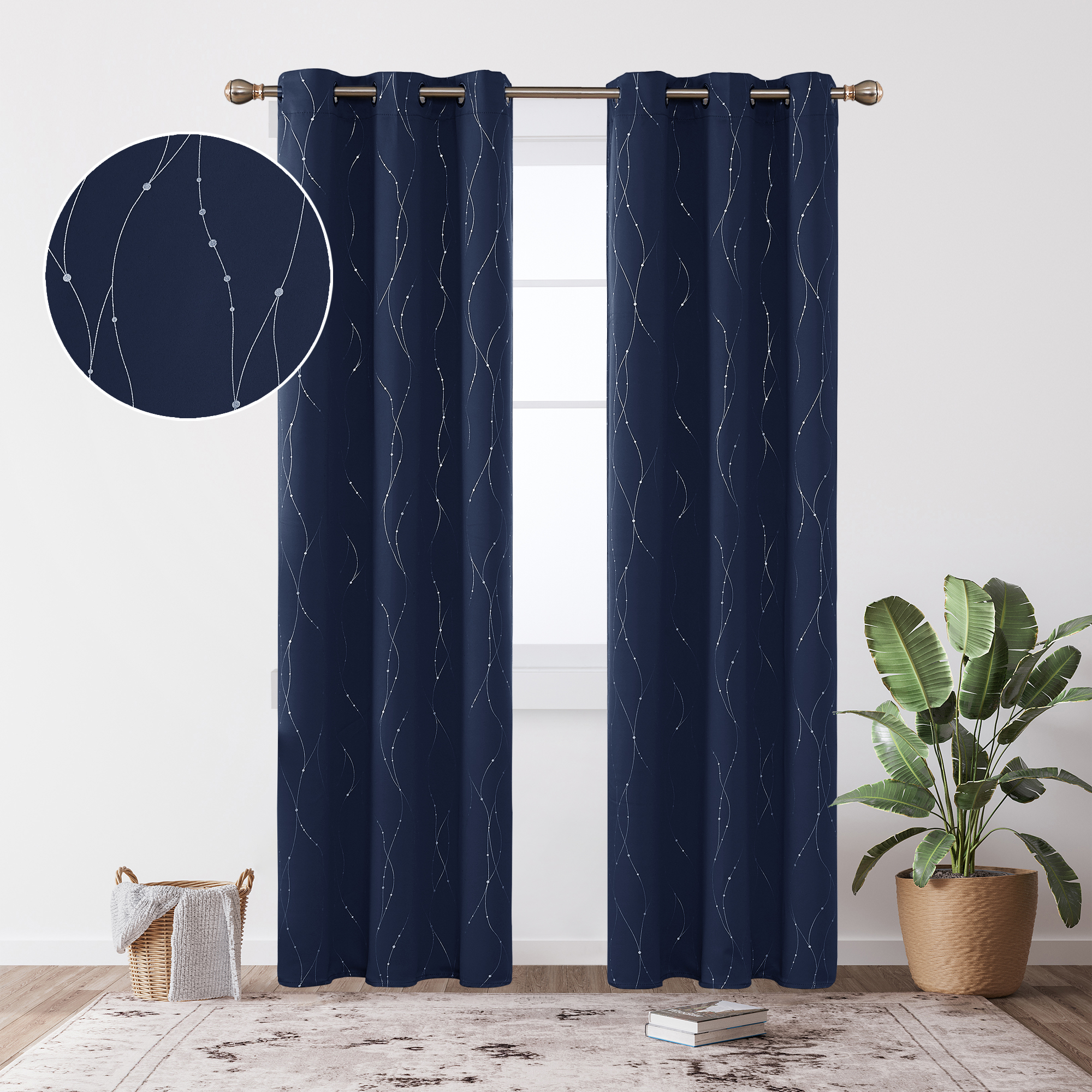Deconovo Navy Blackout Curtains Grommet Top Drapes Line Printed Room