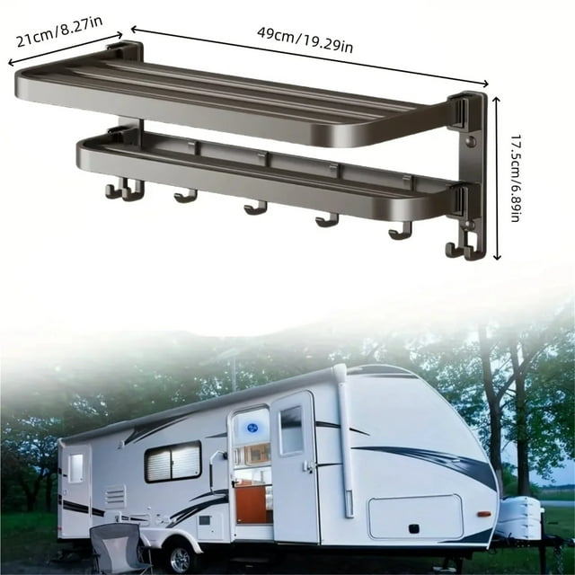 2-story RV Foldable Towel Rack For Wall Storage, Saves Space In Campers. 90° Folding Design Organizes RV Accessories Efficiently ,Easy to Use