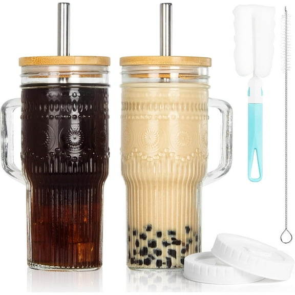 Glass Cups with Bamboo Lids and Straws, 22oz Glass Tumbler with Handle, Stainless Steel Straws & Cleaning Brushes – Boho Pattern Iced Coffee Cup for Smoothies, Tea, and Gifts, Set of 2