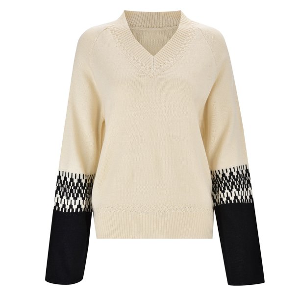 Gibobby Sueter para mujer invierno punto diseño de en contraste para mujer con puños anchos y suéter de punto con cuello en V(Beige,G)