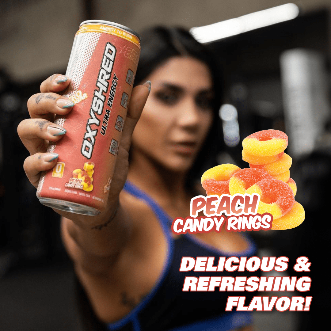 EHPlabs OxyShred Ultra Energy Drink - Performance Carbonated Energy Drink with Zero Sugar, Carbs & Calories, 100% Natural, Peach Candy Rings (12-Pack)
