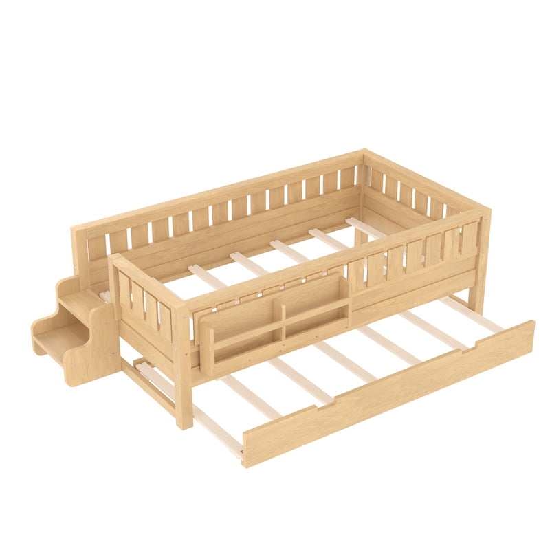 Twin Size Low-Profile Kid's Platform Bed with Built-in Bookshelves & Small Staircase, Wooden Bed Frame with Safety Rails & Trundle