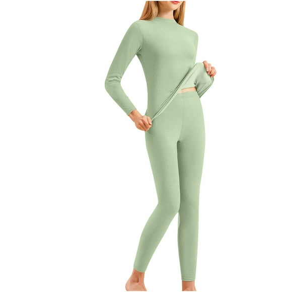 yoeyez sous-Vêtements Thermiques pour Femmes, Couche de Base Col Rond Manches Longues Thermiques Ensemble de Pyjama Doublé en Molleton Haut Bas pour Temps Froid Hiver Ou Printemps Vert,3TG
