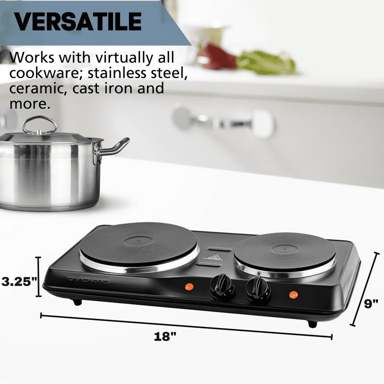 OVENTE Electric Countertop Double Burner, 1700W Cooktop with 7.25 and  6.10 Cast Iron Hot Plates, Temperature Control, Portable Cooking Stove and  Easy to Clean Stainless Steel Base, Black BGS102B 