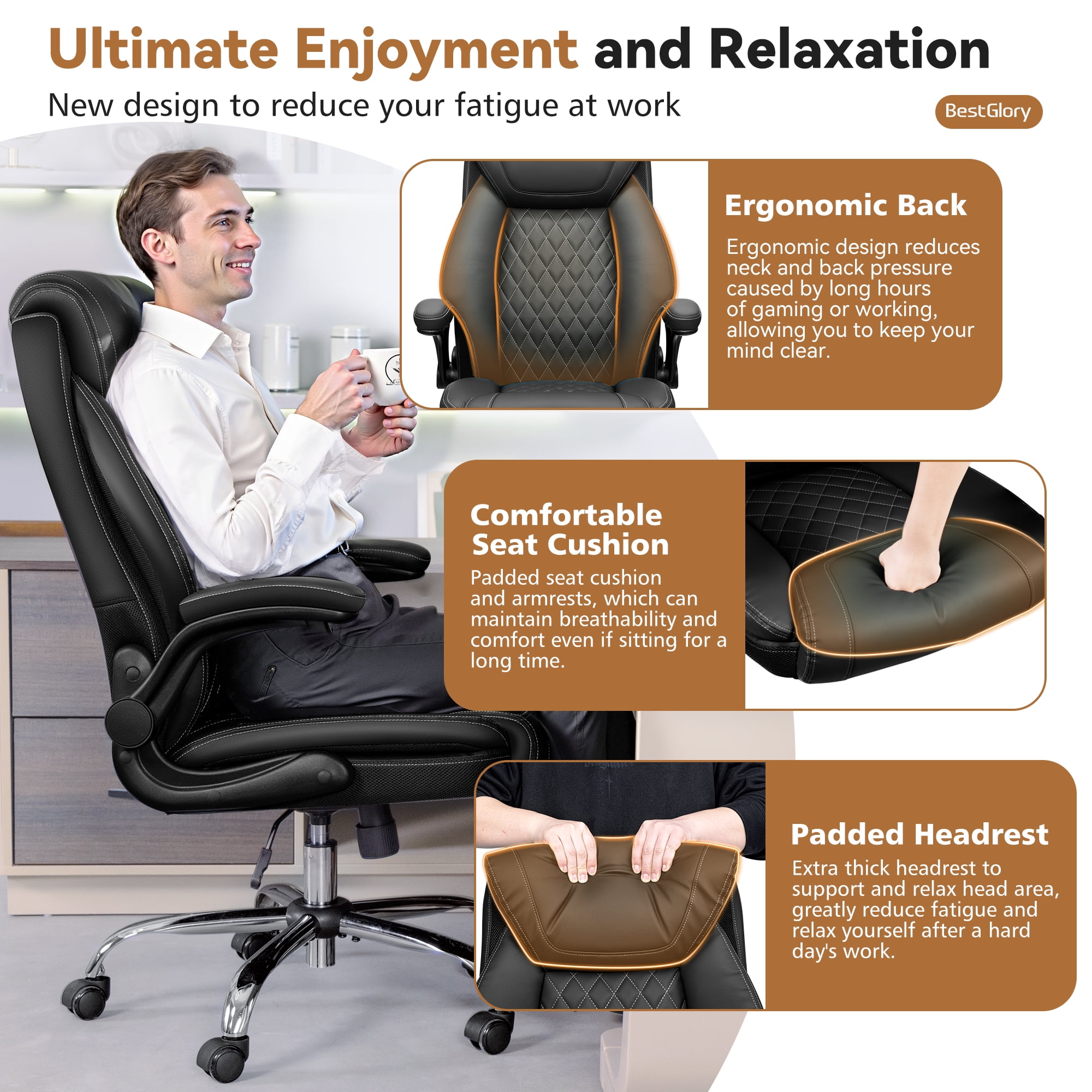 FASTES Ergonomic Office Chair, Desk Chair with High Back Flip-up Armrests Big and Tall Gaming Leather Chair with Rocking Function 2 Reclining Position,Black