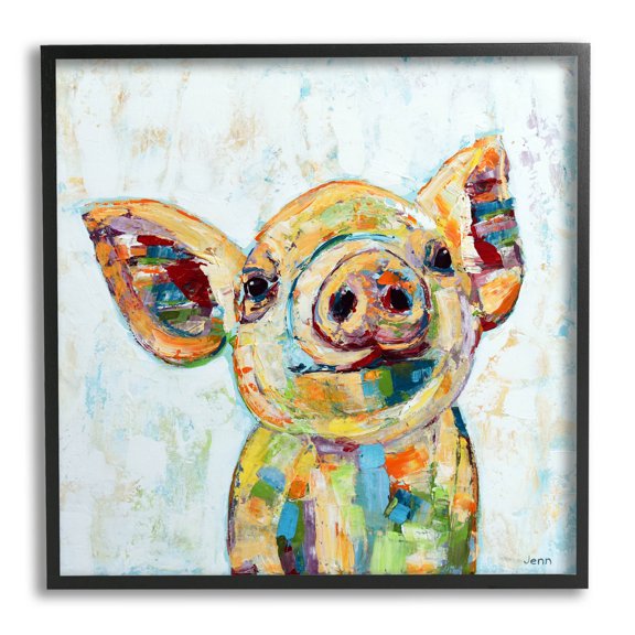 Happy Farm Pig Modern Composition Animals & Insects Painting Black Framed Art Print Wall Art