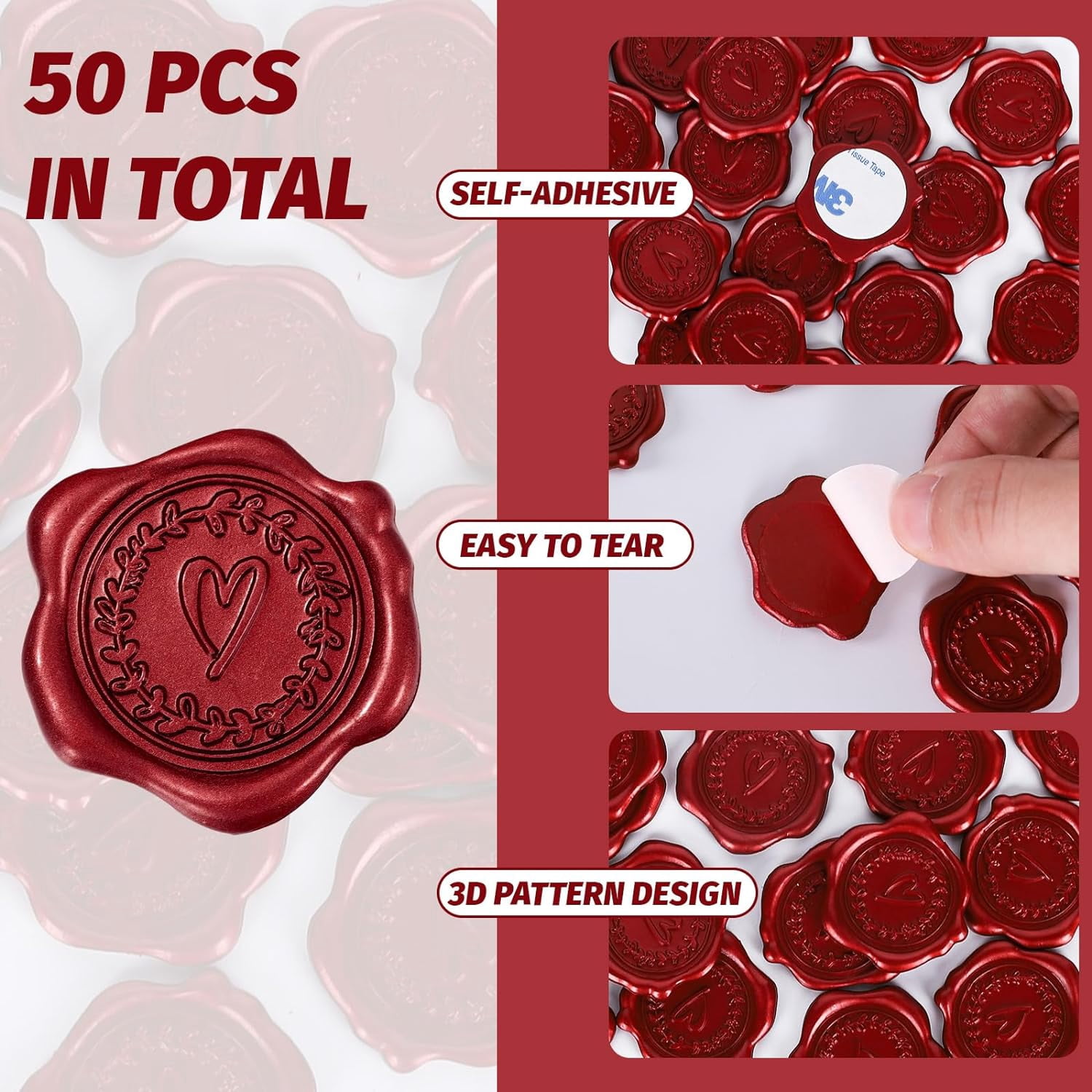 50Pcs Valentine's Day Embossed Wax Seal Stickers Wine Red Heart Pattern Envelope Seal Decals Self-Adhesive Stamp Sticker for Wedding Invitations Greeting Cards Supplies DIY Craft, 1.2 Ih