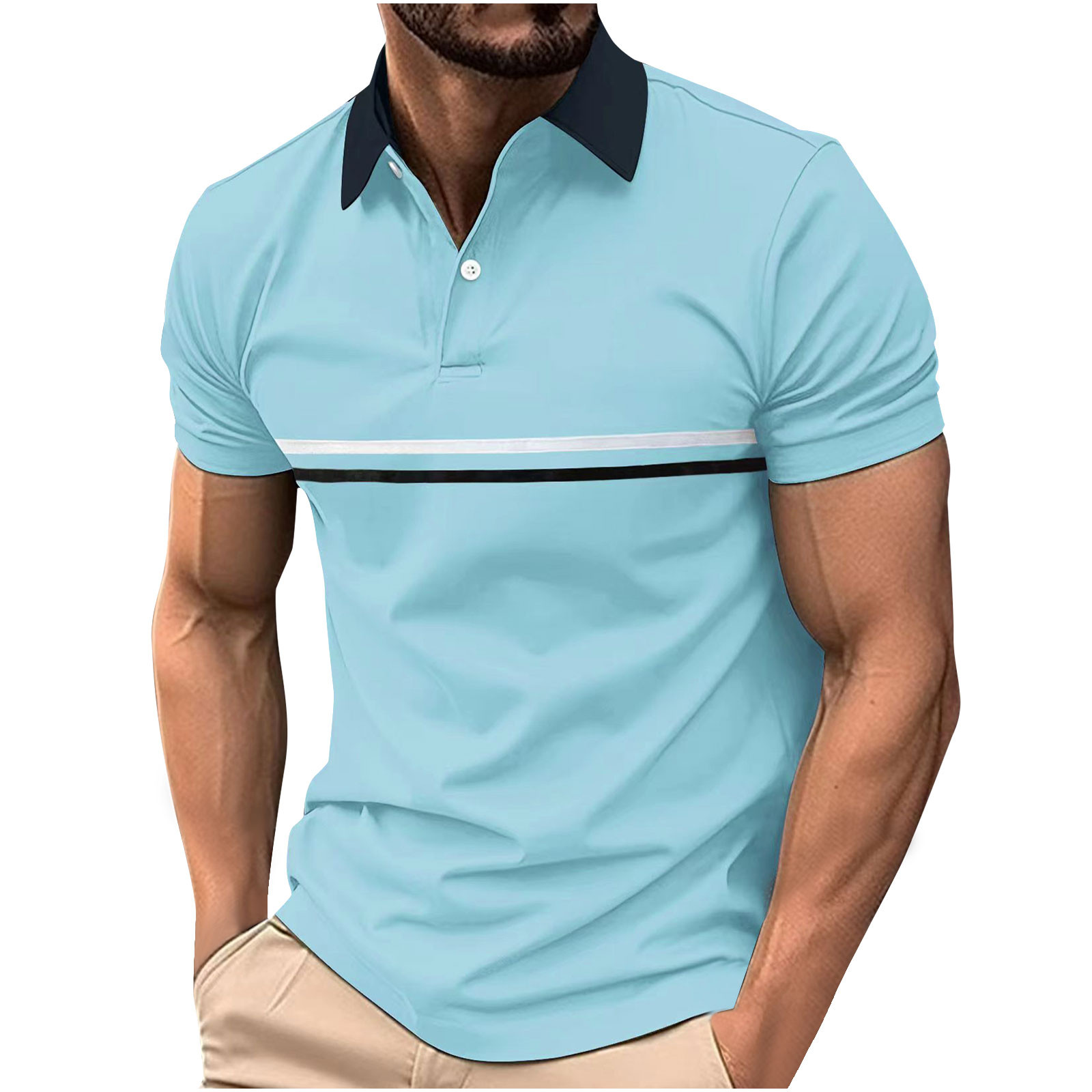 Vunhao Mens Pullover Shirts, Short Sleeve Collared Oversized Mens Tees Clothes on Sale Blue