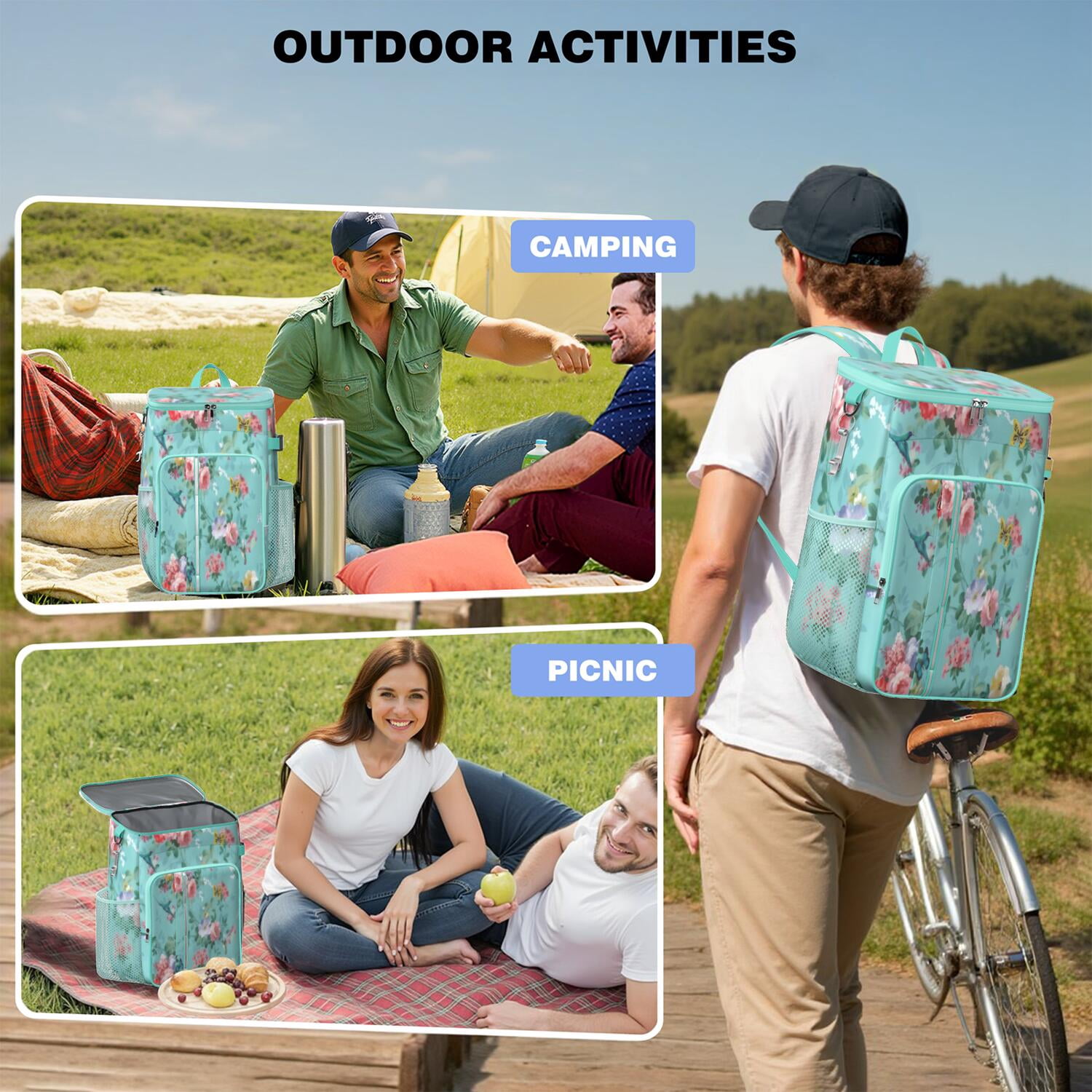 Travel Cooler Bag - Pioneer Flower Floral Print Pattern Camping Beer Cooler Backpack with Bottle Opener- Waterproof Insulated Picnic Backpacks - Cooler Bag for Beach