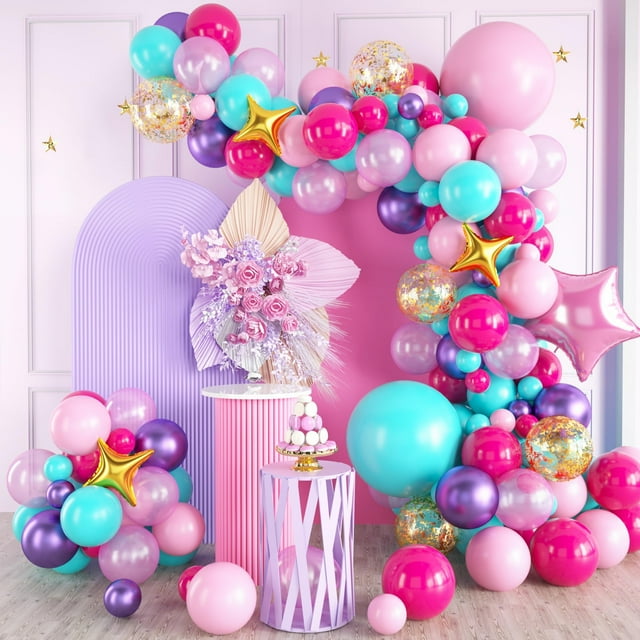 Kit de arco de globos divertido, rosa intenso, morado y azul para fiesta de niñas