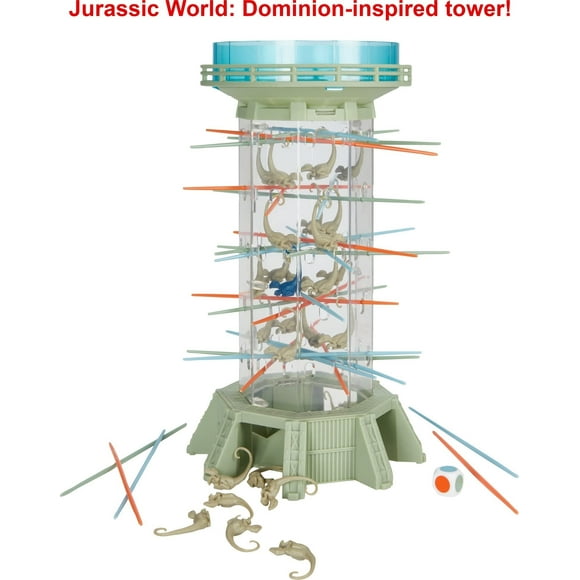 Jurassic World Dominion KerPlunk! Jeu de Rapaces avec Tour, Bâtons et Jouets de Dinosaures Vélociraptor, Cadeau et Collection