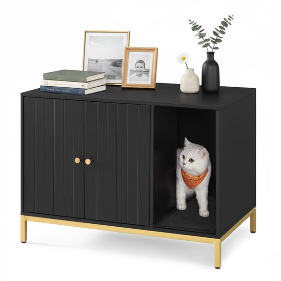 Feandrea Mueble Arenero, Mueble de Caja Arenero para Gatos,con Alfombrilla Rascadora, Patas Altas, 80 x 50 x 55 cm, Negro y Dorado