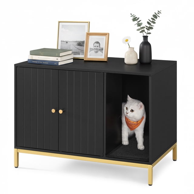 Feandrea Mueble Arenero, Mueble de Caja Arenero para Gatos,con Alfombrilla Rascadora, Patas Altas, 80 x 50 x 55 cm, Negro y Dorado