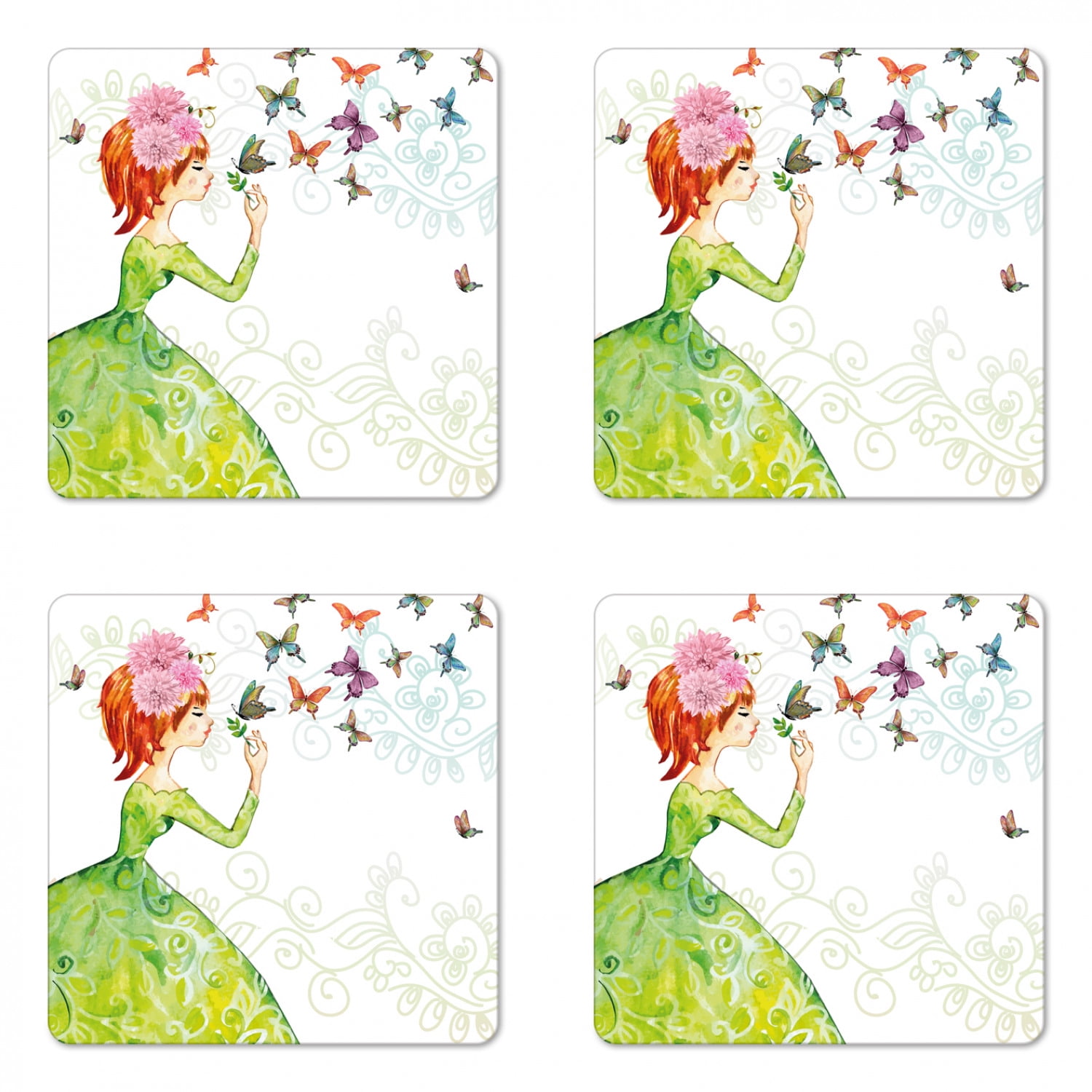 Download Butterfly Coaster Set Of 4 Floral Lady In Green Dress Leaf Ornaments Flower Pastel Winged Bug Square Hardboard Gloss Coasters Standard Size Pink Orange Green By Ambesonne Walmart Com Walmart Com