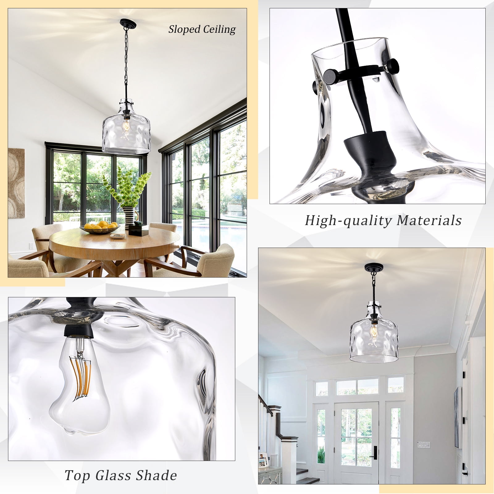 Extra Large 16" Vintage Farmhouse Pendant Light – Hand-Blown Clear Hammered Glass Shade, Adjustable Chain Hanging Light for Kitchen Island, Hallway, Dining Room, Chrome